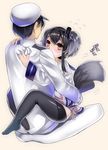  1girl admiral_(kantai_collection) black_hair blush brown_eyes dog_tail eyebrows flying_sweatdrops hairband hat highres hug kantai_collection leg_lock military military_uniform naval_uniform patatata short_hair sitting sitting_on_lap sitting_on_person tail tail_wagging thighhighs tokitsukaze_(kantai_collection) uniform 