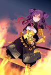  armor bad_id bad_pixiv_id bow eiyuu_senki fire flame genderswap genderswap_(mtf) japanese_armor japanese_clothes jomo_(haccapan) light long_hair looking_at_viewer magatama orange_eyes purple_hair serious solo standing sword two_side_up weapon wind yamato_takeru_(eiyuu_senki) yellow_bow 