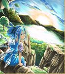  blue_eyes blue_hair bow cirno colored_pencil_(medium) hair_bow koji_(koji-a) lake marker_(medium) misty_lake nib_pen_(medium) shikishi short_hair sitting skirt smile solo sun sunrise touhou traditional_media wings 