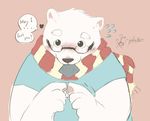  &lt;3 bear blush clothing condom dialog english_text eyebrows eyeglasses fur kemono looking_at_viewer male mammal nervous plain_background polar_bear scarf shirt solo stevenlew suggestive text white_fur 