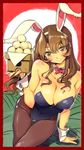  animal_ears ashigara_(kantai_collection) bow bowtie breasts brown_eyes brown_hair bunny_ears bunny_girl bunnysuit cleavage detached_collar dumpling food food_themed_clothes hairband kantai_collection large_breasts long_hair nonco pantyhose wrist_cuffs 