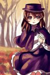  autumn bad_id bad_pixiv_id blush brown_eyes brown_hair capelet douji hands_clasped hat own_hands_together solo steepled_fingers touhou usami_renko 