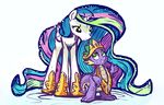  2014 blue_eyes clothing crown dragon duo equine female friendship_is_magic gold green_eyes gsphere hair horn male mammal multi-colored_hair my_little_pony necklace plain_background princess_celestia_(mlp) purple_eyes smile spike_(mlp) standing white_background winged_unicorn wings 