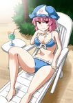  barefoot beach_chair bikini blue_bikini breasts chin_rest cleavage cocktail drinking_straw hat kousei_(public_planet) large_breasts navel pink_eyes saigyouji_yuyuko sitting smile solo swimsuit touhou triangular_headpiece veil 