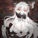  breasts cleavage covered_mouth dress horns itomugi-kun kantai_collection large_breasts long_hair midway_hime pale_skin red_eyes shinkaisei-kan solo very_long_hair white_dress white_hair white_skin 