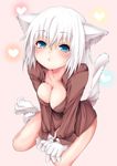  :t animal_ears blue_eyes breasts cat_ears cat_tail cleavage heart heart_background large_breasts looking_at_viewer ma-yu original pink_background pout solo tail white_hair 