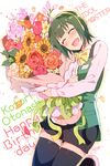  :d ^_^ artist_name black_legwear blush bouquet bow bowtie character_name closed_eyes copyright_name flower green_hair hairband happy_birthday heart idolmaster idolmaster_(classic) long_sleeves md5_mismatch mole mole_under_mouth open_mouth otonashi_kotori redrop short_hair signature smile solo thighhighs vest 