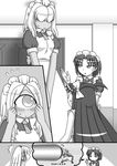  4girls apron blush bow comic commentary coru cuey_c_lops cyclops elza_straherz eye_beam flying_sweatdrops gameplay_mechanics gloves greyscale hair_bobbles hair_bow hair_ornament hair_over_one_eye height_difference highres maid maid_apron maid_headdress monochrome multiple_girls one-eyed original puffy_short_sleeves puffy_sleeves rakurakutei_ramen ran_straherz short_sleeves silent_comic special_moves spoken_person surprised two_side_up v_arms wavy_mouth 