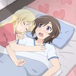  bed blonde_hair blush brown_hair closed_eyes futon futsuu_no_joshikousei_ga_locodol_yattemita gobanme_no_mayoi_neko highres hug kohinata_yukari long_hair multiple_girls open_mouth purple_eyes shared_blanket short_hair sleeping usami_nanako 