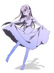  akemi_homura bare_legs barefoot dancing dress full_body funeral_dress gradient greyscale hairband long_hair looking_down mahou_shoujo_madoka_magica mahou_shoujo_madoka_magica_movie monochrome nasunoko simple_background skirt_hold solo spoilers white_background 