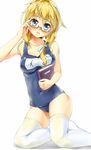  adjusting_eyewear ahoge blonde_hair blue_eyes book breasts covered_navel glasses highres i-8_(kantai_collection) kantai_collection long_hair looking_at_viewer medium_breasts mole mole_under_eye no_hat no_headwear one-piece_swimsuit open_mouth school_swimsuit shuffle_(songdatiankong) solo swimsuit thighhighs white_legwear 