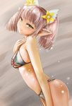  1girl bikini capcom cattleya_(monster_hunter) flower game_cg hair_flower hair_ornament looking_at_viewer monster_hunter monster_hunter_frontier pink_hair pointy_ears slit_pupils smile solo swimsuit yellow_eyes zi-dabu 