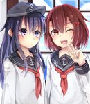  akatsuki_(kantai_collection) black_hair blue_eyes brown_eyes brown_hair hat ikazuchi_(kantai_collection) kantai_collection long_hair looking_at_viewer multiple_girls neckerchief open_mouth otokuyou red_neckwear school_uniform serafuku short_hair smile upper_body v 