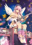 amplifier angel_wings barefoot breasts covering electric_guitar guitar headphones instrument large_breasts leg_warmers long_hair looking_at_viewer matsuki_ringo multicolored multicolored_clothes multicolored_legwear nitroplus nude nude_cover orange_amplifiers pink_eyes pink_hair sitting smile solo star super_sonico toenail_polish transparent wings 