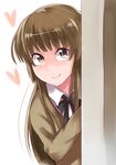  absurdres amagami bad_id bad_pixiv_id blush brown_eyes brown_hair heart highres kamizaki_risa long_hair peeking_out school_uniform smile solo sweater yuto_(wyuichi_0503) 