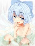  bath bathing blue_eyes blue_hair breasts cirno collarbone fang hand_to_own_mouth highres ice ice_wings looking_at_viewer ma-yu naughty_face nipples nude short_hair small_breasts smile solo touhou towel wings 
