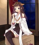  ahoge box brown_hair cardboard_box commentary_request cup detached_sleeves grey_eyes hair_bun hairband holding kantai_collection kay_(utd) kongou_(kantai_collection) long_hair looking_at_viewer nontraditional_miko sitting solo teacup thighhighs translated zettai_ryouiki 