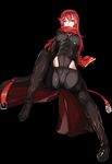  463_jun black_legwear breasts cameltoe coat corset covered_nipples dark_knight_(elsword) darkness elesis_(elsword) elsword full_body highres large_breasts leotard long_hair open_clothes open_coat outstretched_arms pantyhose red_eyes red_hair scarf scarf_over_mouth solo spread_arms thighhighs thighhighs_over_pantyhose very_long_hair 