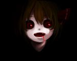  :d bad_id bad_pixiv_id blonde_hair blood blood_in_mouth fangs hair_ribbon horror_(theme) open_mouth red_eyes ribbon rumia short_hair smile touhou yuubari_makuwa 