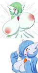  2girls alternate_color blood blue_hair blush breast_expansion breasts gardevoir gigantic_breasts green_hair huge_breasts inverted_nipples jcdr lucy_(jcdr) multiple_girls nipples nosebleed nougat_(jcdr) orange_eyes pokemon red_eyes shiny_pokemon 