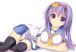  black_legwear blue_eyes breasts hairband kue large_breasts long_hair looking_at_viewer lying minori_(kue) on_side original purple_hair school_uniform serafuku skirt smile solo star thighhighs white_background zettai_ryouiki 