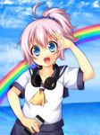  ahoge aoba_(kantai_collection) blue_eyes cellphone eighth_note headphones highres hirasawa_yuu holding holding_phone kantai_collection looking_at_viewer musical_note open_mouth phone ponytail purple_hair rainbow smartphone solo star star-shaped_pupils symbol-shaped_pupils 