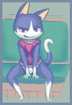  animal_crossing blush cat feline fur grey_fur looking_at_viewer mammal nintendo realityundoer red_eyes rover_(animal_crossing) sitting slit_pupils sweater video_games 