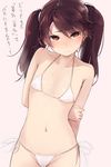  arms_behind_back bad_id bad_pixiv_id bikini blush breast_conscious brown_eyes brown_hair collarbone cowboy_shot flat_chest groin holding_arm kantai_collection long_hair looking_at_viewer midriff navel pink_background ryuujou_(kantai_collection) shu-cem side-tie_bikini simple_background solo stomach swimsuit translated tsurime twintails white_bikini 