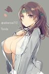  bad_id bad_pixiv_id breasts brown_eyes brown_hair character_name chiyoda_(kantai_collection) cleavage covered_nipples dress_shirt hand_on_own_chest headband kantai_collection kunreishiki large_breasts long_hair long_sleeves looking_at_viewer midriff open_clothes open_shirt shirt shu-cem sketch solo twitter_username upper_body 