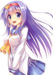  blue_eyes breasts hairband kue large_breasts long_hair minori_(kue) open_mouth original purple_hair school_uniform serafuku smile solo uniform upper_body v_arms white_background 