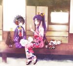  bad_id bad_pixiv_id black_cat black_hair blue_eyes blush bottle calico cat clog_sandals cup drinking_glass eiyuu_senki flat_chest floral_print food furayu_(flayu) genderswap genderswap_(mtf) headphones japanese_clothes kimono ludwig_van_beethoven_(eiyuu_senki) minamoto_no_yoshitsune_(eiyuu_senki) multiple_girls ooyari_ashito_(style) ponytail purple_eyes purple_hair sandals short_hair sitting smile veranda white_cat wine_bottle wine_glass yukata zouri 