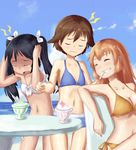  bad_id bad_pixiv_id bikini black_hair brain_freeze brown_hair charlotte_e_yeager closed_eyes francesca_lucchini grin long_hair miyafuji_yoshika multiple_girls open_mouth orange_hair pensuke shaved_ice short_hair smile spoon strike_witches swimsuit table tears twintails world_witches_series 