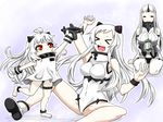  &gt;_&lt; :d =_= ahoge aircraft airfield_hime airplane breasts claws closed_eyes covered_mouth detached_sleeves dress highres holding horn horns kantai_collection large_breasts leotard long_hair mittens multiple_girls northern_ocean_hime open_mouth pale_skin rakku_(10219563) red_eyes ribbed_dress seaport_hime seiza shinkaisei-kan short_dress sitting smile white_hair xd 