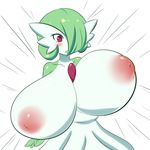  1girl blush breast_expansion breasts gardevoir gigantic_breasts green_hair hair_over_one_eye inverted_nipples jcdr nintendo nipples nougat_(jcdr) open_mouth pokemon red_eyes shock short_hair simple_background solo surprised white_background 