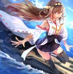  ahoge bad_id bad_pixiv_id blurry boots brown_eyes brown_hair depth_of_field detached_sleeves hair_bun hairband kantai_collection kongou_(battleship) kongou_(kantai_collection) long_hair looking_at_viewer military military_vehicle nontraditional_miko ocean open_mouth pleated_skirt rff_(3_percent) ship skirt solo thigh_boots thighhighs warship watercraft zettai_ryouiki 