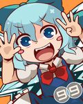  1girl :d bad_id bad_pixiv_id blue_bow blue_eyes blue_hair bow cirno dress fangs hair_bow ice ice_wings nagomibako_(nagomi-99) open_mouth orange_background puffy_short_sleeves puffy_sleeves red_bow short_hair short_sleeves simple_background smile solo touhou wings 