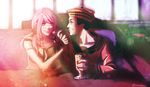  1girl bad_id bad_pixiv_id braid dixie_cup_hat feeding hair_bobbles hair_ornament hat higashikata_jousuke_(jojolion) hirose_yasuho jojo_no_kimyou_na_bouken jojolion military_hat parfait pink_hair rin2010 sailor spoon twin_braids 