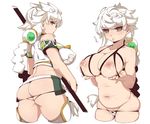  ass bare_shoulders black_panties blush bra braid breast_hold breasts brown_eyes butt_crack cloud_print collarbone covered_nipples cupless_bra from_behind hair_ornament inverted_nipples kantai_collection lactation large_breasts long_hair micro_panties midriff navel nipples omiya_(louise-louis-lucille) panties parted_lips plump presenting simple_background single_braid skindentation solo sweat thighhighs underwear unryuu_(kantai_collection) very_long_hair white_background white_hair 