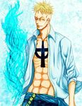  1boy abs blonde_hair blue_fire fire ganu_(vigasremdy_x) jolly_roger male male_focus marco one_piece open_clothes open_shirt pirate sash shirt solo tattoo whitebeard_pirates 