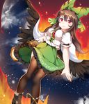  arm_cannon bad_id bad_pixiv_id bird_wings black_legwear black_wings bow breasts brown_hair cape fire hair_bow highres large_breasts long_hair papo puffy_short_sleeves puffy_sleeves red_eyes reiuji_utsuho shirt short_sleeves skirt smile solo space thighhighs third_eye touhou weapon wings zettai_ryouiki 