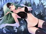  bare_shoulders black_panties blush bra elf field flower flower_field game_cg gloves green_hair links!_~kimi_to_seirei_to_tsukaima_to~ long_hair long_pointy_ears looking_at_viewer lying navel okishiji_en on_back panties platina_r._quorke pointy_ears purple_eyes see-through solo thighhighs underwear underwear_only 