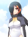  1girl black_hair blue_background blue_sky blush breasts brown_eyes closed_mouth cloud day elbow_gloves gloves grey_gloves hair_over_one_eye headphones kemono_friends king_penguin_(kemono_friends) leotard looking_at_viewer medium_breasts multicolored_hair one_eye_covered outdoors short_sleeves sky smile solo standing streaked_hair totokichi white_leotard 
