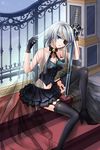 backless_outfit blue_eyes eyepatch fence flower garter_straps gloves high_heels holding iri_flina jewelry midriff navel ribbon shoes short_hair silver_hair sitting skirt solo stairs sword sword_girls thighhighs veil weapon 
