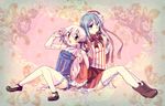  alternate_costume blue_eyes blue_hair candy doughnut food lollipop long_hair mahou_shoujo_madoka_magica mahou_shoujo_madoka_magica_movie miki_sayaka mizuki_(flowerlanguage) momoe_nagisa multiple_girls orange_eyes short_hair sitting striped thighhighs white_hair white_legwear 