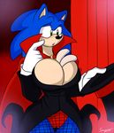  2014 anthro big_breasts blue_hair blush breasts cleavage clothed clothing crossgender female green_eyes hair hedgehog lagomorph mammal rabbit sega sonic_(series) sonic_the_hedgehog supersonicrulaa 