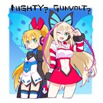  ;) azure_striker_gunvolt blonde_hair blush call_(mighty_no._9) call_f commentary cosplay costume_switch creator_connection cropped_legs crossover english english_commentary gloves green_eyes hair_ornament headphones headset long_hair long_sleeves lumen_(gunvolt) midriff mighty_no._9 multiple_girls natsume_yuji navel official_art one_eye_closed open_mouth ponytail salute skirt smile striped_sleeves thighhighs wide_sleeves 