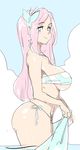  ass bikini blush breasts curvy fluttershy large_ass large_breasts long_hair looking_at_viewer maniacpaint my_little_pony my_little_pony_friendship_is_magic pink_hair simple_background swimsuit 