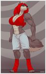  2014 abs anthro big_breasts blue_eyes bra breasts brown_fur canine clothing female fur gorsh_dolderan hair luka_cross mammal midriff muscles muscular_female navel pecs red_hair shorts solo underwear wolf 