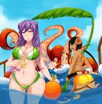  ass bad_id bad_tumblr_id ball beachball bibi_(orbis_terra) bikini bikini_top black_hair black_sclera blue_eyes blue_sky breasts cleavage cloud crab dark_skin day flower hair_flower hair_ornament hibiscus kraken large_breasts leaf_umbrella long_hair monster multiple_girls nyx_(orbis_terra) orbis_terra original ponytail purple_hair saane shorts sky swimsuit tentacles wading 