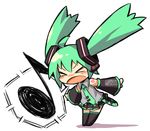 &gt;_&lt; chibi closed_eyes detached_sleeves eighth_note green_hair gunjima_souichirou hatsune_miku long_hair musical_note necktie open_mouth solo spoken_musical_note thighhighs twintails vocaloid wide_sleeves 